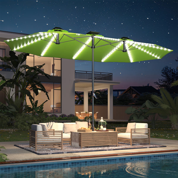 YODOLLA 15ft Patio Umbrella with Solar Lights, Outdoor Large Double Umbrella with 156 PCS LED Lights and Crank Handle for Backyard Deck Pool Shade, Green