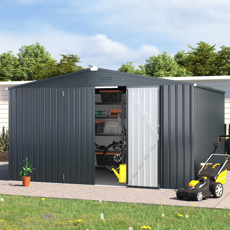 YODOLLA 10 x 12 ft. Outdoor Metal Storage Shed with Sliding Roof & Lockable Door,Dark Grey