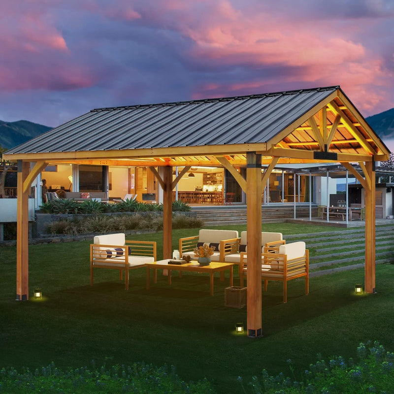 YODOLLA 14.5x12ft Outdoor Wooden Gazebo,Grill Pergola Gazebo Clearance Hard-Top Gazebo for Patios, Garden,Brown