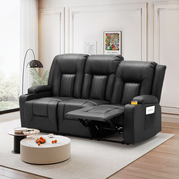YODOLLA Manual Reclining Sofa with Cup Holders&Side Pockets, PU Leather Home Theater Seating, 3 Seat Recliner Chair for Adults-Black