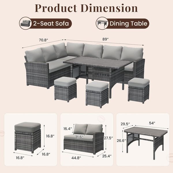 YODOLLA 6-Piece Patio Conversation Set, Outdoor Sectional Sofa, PE Rattan Wicker Furniture, Steel Frame, Gray