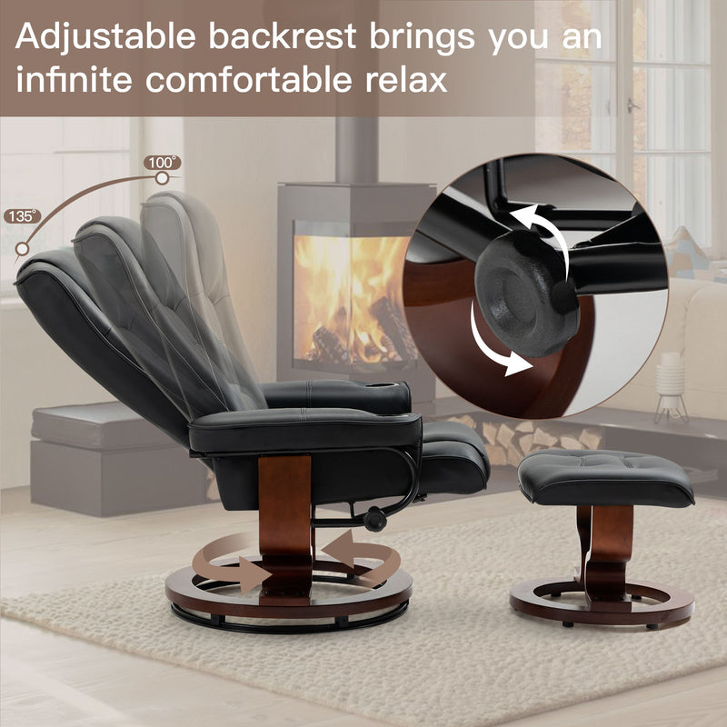 AVAWING Recliner Chair with Ottoman Adjustable Swivel Chair with Footrest 360¡ã Swivel PU Leather Reclining Chair with Footrest for Living Room Recliner and Ottoman with Wood Base, Black