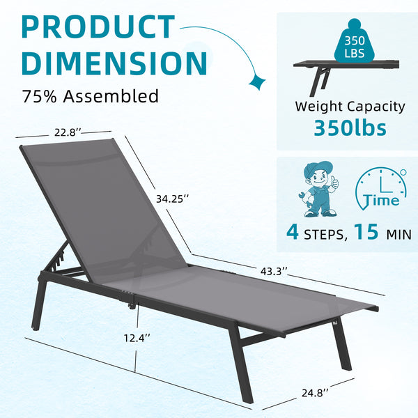 YODOLLA Patio Adjustable Lounge Chair Recliner with Wheels - Dark Gray