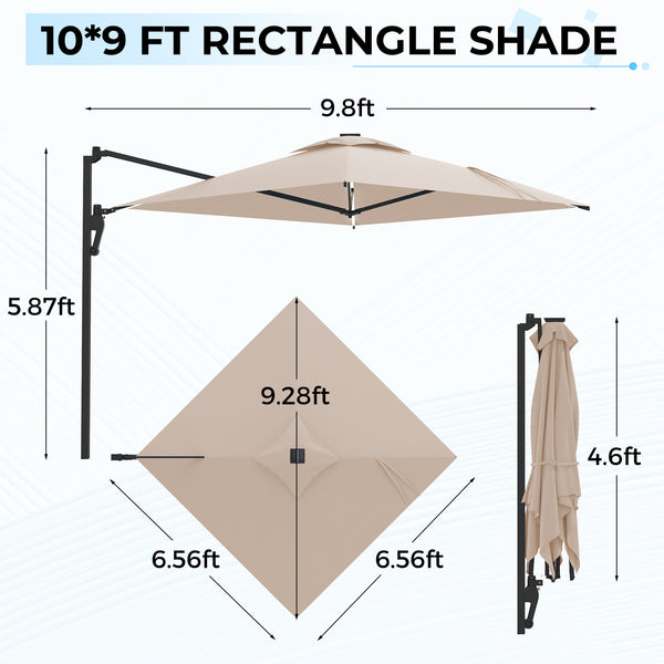 AECOJOY 10 ft Wall Mounted Patio Umbrella Outdoor Rectangle Umbrella with 180° Rotation for Outside in Beige