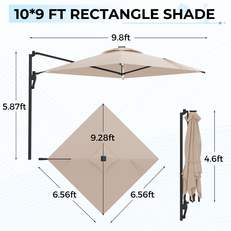 AECOJOY 10 ft Wall Mounted Patio Umbrella Outdoor Rectangle Umbrella with 180° Rotation for Outside in Beige