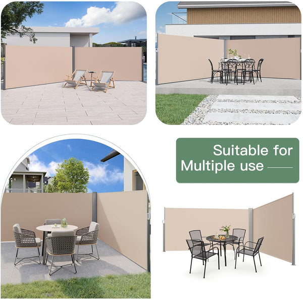 YODOLLA Double Retractable Side Awning, 236" x 63"Double Side Awning, Waterproof Folding Outdoor Privacy Screen, 280g Premium Polyester Fabric Room Divider for Patio, Garden and Terrace, Beige