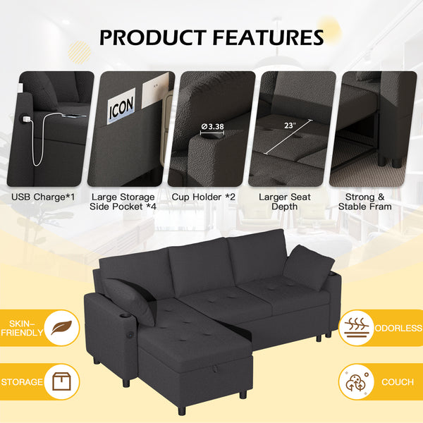 YODOLLA Teddy Velvet L Shaped Sofa, L Shape Couch, Pull Out Bed with USB and Cup Holder, Storage Sofa Cama, Queen Sofa Bed, Sleeper Sofa Couch for Living Room, Sofa Bed Couch in Black