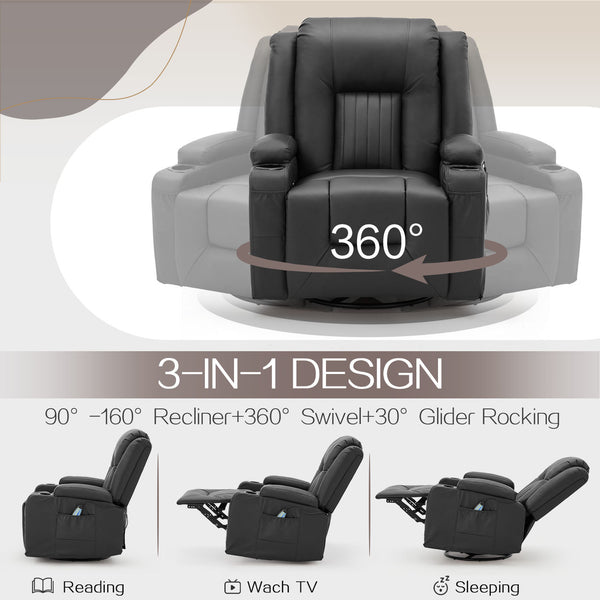 AECOJOY Massage Manual Recliner Chair with Heat and Vibration Massage, PU Leather Swivel Rocker Recliner Chair for Adults with 2 Cup Holders, Remote Control-Black