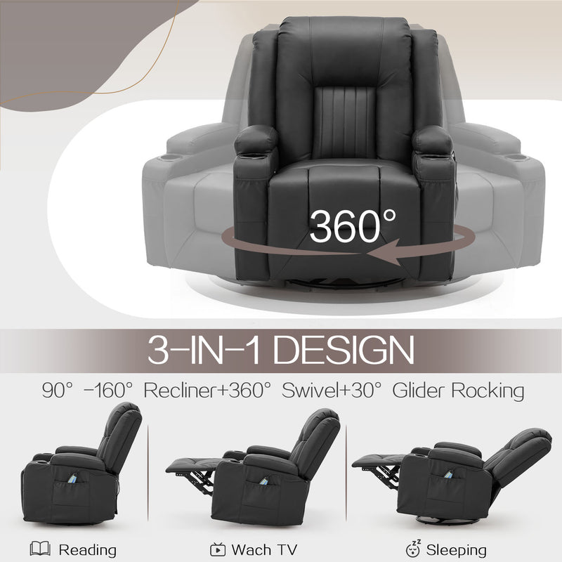 AECOJOY Massage Manual Recliner Chair with Heat and Vibration Massage, PU Leather Swivel Rocker Recliner Chair for Adults with 2 Cup Holders, Remote Control-Black