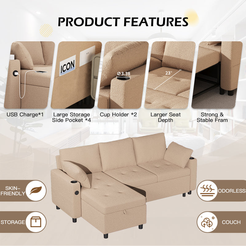 YODOLLA Teddy Velvet L Shaped Sofa, L Shape Couch, Pull Out Bed with USB and Cup Holder, Storage Sofa Cama, Queen Sofa Bed, Sleeper Sofa Couch for Living Room, Sofa Bed Couch in Brown