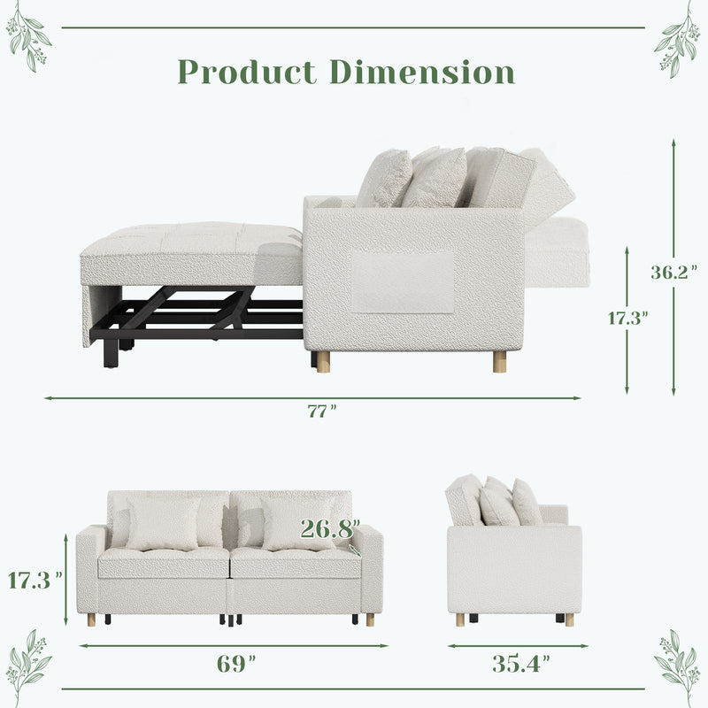 YODOLLA 71" Sleeper Sofa Bed & 3-in-1 Futon Pull Out Couch for Living Room & Bedroom, Convertible Loveseat in Teddy Velvet White