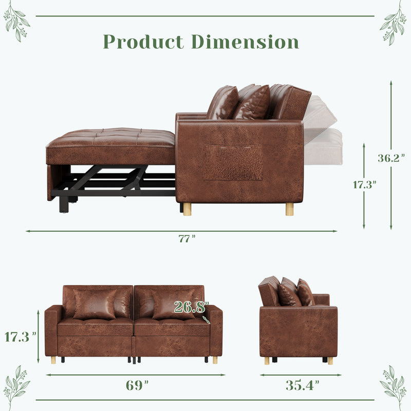 YODOLLA 71" Sleeper Sofa Bed & 3-in-1 Futon Pull Out Couch for Living Room & Bedroom, Convertible Loveseat in Saddle Brown