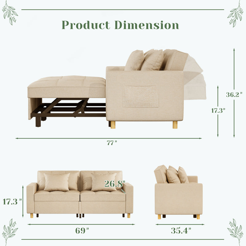YODOLLA 71" Sleeper Sofa Bed & 3-in-1 Futon Pull Out Couch for Living Room & Bedroom, Convertible Loveseat in Beige