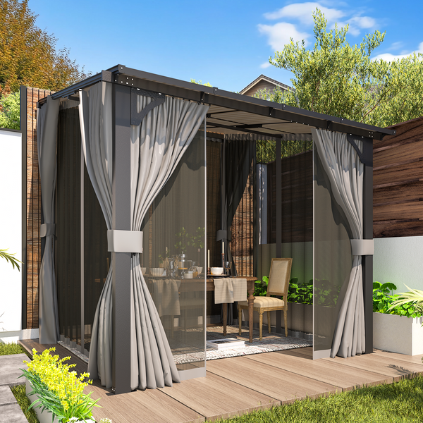 AECOJOY 8' x 8' Lean to Gazebo with Netting and Curtain Outdoor Hardtop Gazebo Aluminum Metal Pergola For Garden, Patio, Backyard-Dark Gray