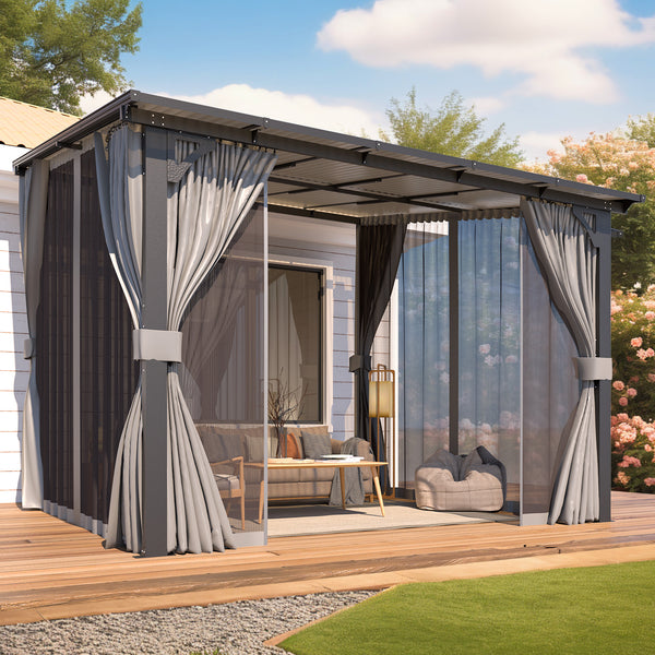 AECOJOY 10' x 10' Lean to Gazebo with Netting and Curtain Outdoor Hardtop Gazebo Aluminum Metal Pergola For Garden, Patio, Backyard-Dark Gray