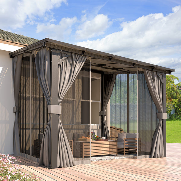 AECOJOY 10' x 8' Lean to Gazebo with Netting and Curtain Outdoor Hardtop Gazebo Aluminum Metal Pergola For Garden, Patio, Backyard-Dark Gray