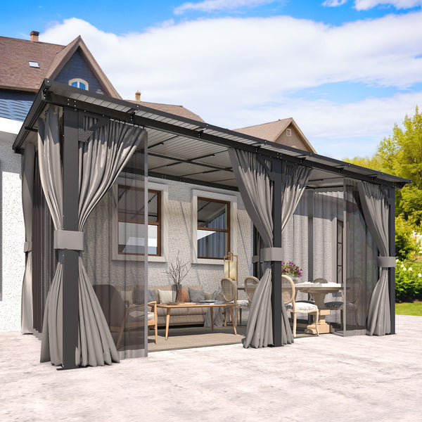 AECOJOY 14' x 10' Lean to Gazebo with Netting and Curtain Outdoor Hardtop Gazebo Aluminum Metal Pergola For Garden, Patio, Backyard-Dark Gray