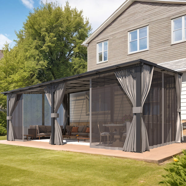 AECOJOY 20' x 12' Lean to Gazebo with Netting and Curtain Outdoor Hardtop Gazebo Aluminum Metal Pergola For Garden, Patio, Backyard-Dark Gray