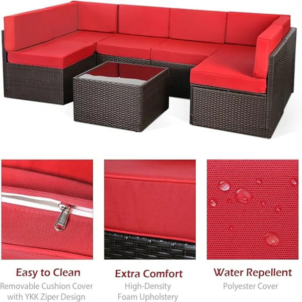 YODOLLA 7-Piece Patio Furniture Set with 30" Fire Pit Table, Rattan Wicker Outdoor Sectional Sofa Couch with Table Patio Conversation Set for Lawn& Backyard In Brown&Red