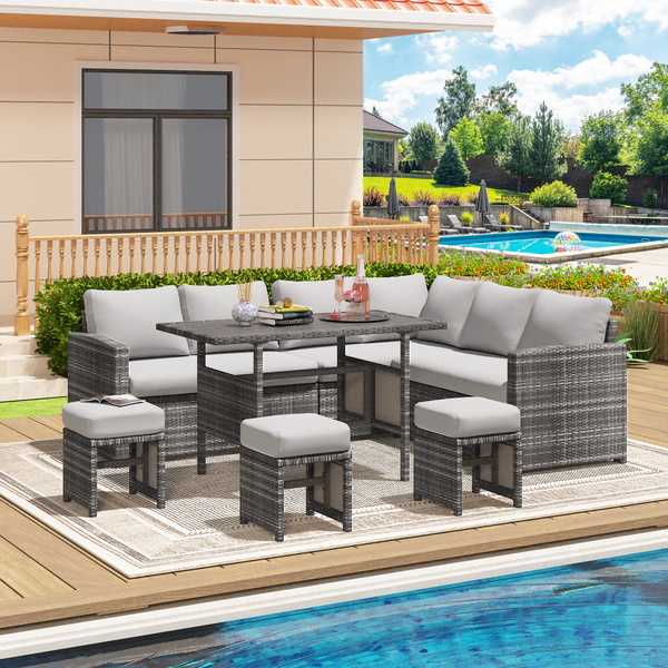 AECOJOY 7 Piece Patio Furniture Set PE Rattan Outdoor Dining Set Sectional Sofa Couch with Table Patio Conversation Set in Gray