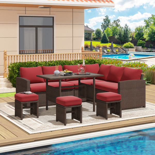 AECOJOY 7 Piece Patio Furniture Set PE Rattan Outdoor Dining Set Sectional Sofa Couch with Table Patio Conversation Set in Wine Red