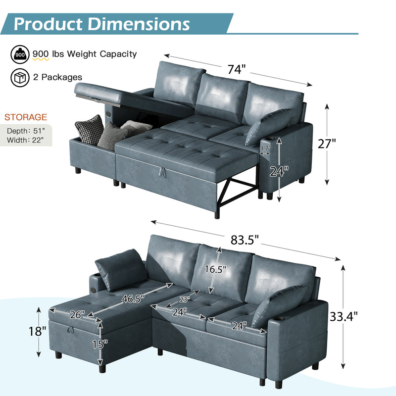 YODOLLA Sofa Bed, 3 in 1 Sleeper Sofa with Storage Chair, Faux Leather L Shape Couch, Sectional Pull Out Sofa Bed Mid Century Modern Couch for Living Room Clearance, Comfy Sleeper Couch in Blue