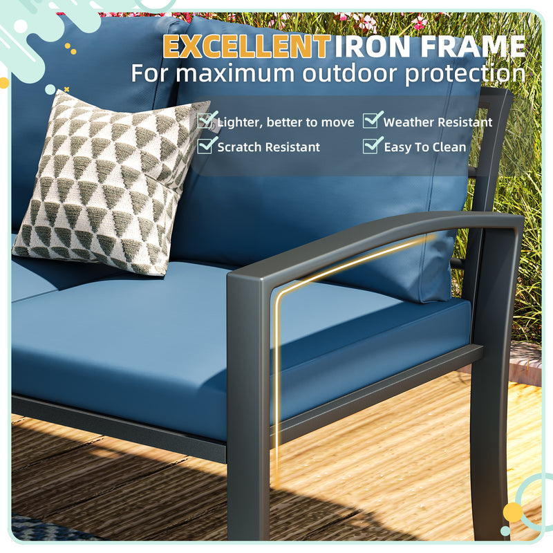 AECOJOY Metal Patio Furniture Set with Cover Outdoor Furniture sets With Storage Boxes on Sale with Blue Cushion for Balcony Porch, Lawn and More