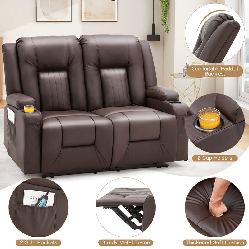 AECOJOY Manual Reclining Loveseat with Cup Holders&Side Pockets, PU Leather Double Recliner Loveseat Home Theater Seating-Brown
