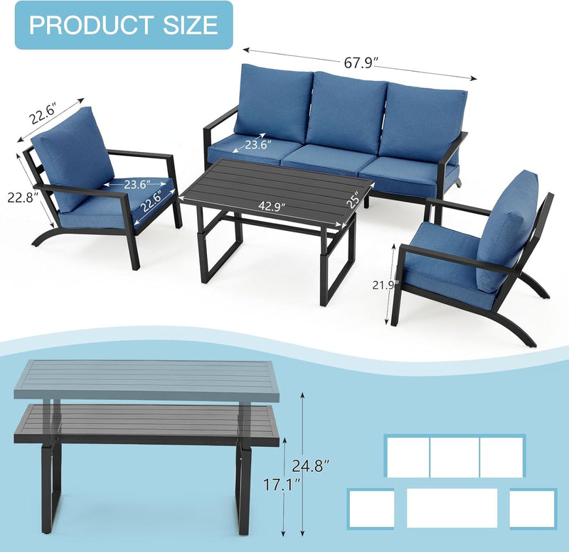 AECOJOY Aluminum Patio Furniture Set with Waterproof Cover Modern Metal Outdoor Patio Furniture Clearance Adirondack Patio Conversation Sets for Lawn, Backyard, and Deck Navy Blue