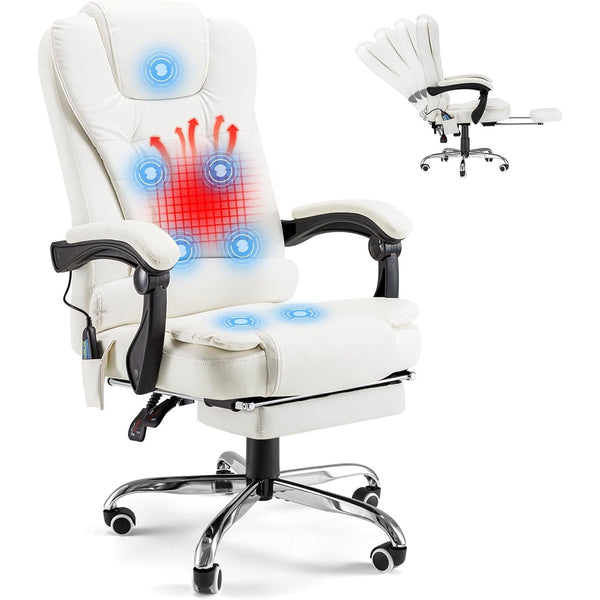AECOJOY 7 Points Massage Office Chair with Heat Ergonomic Reclining Computer Chair High Back Desk Chair w/Retractable Footrest Ergonomic Leather Office Chair，Cream White