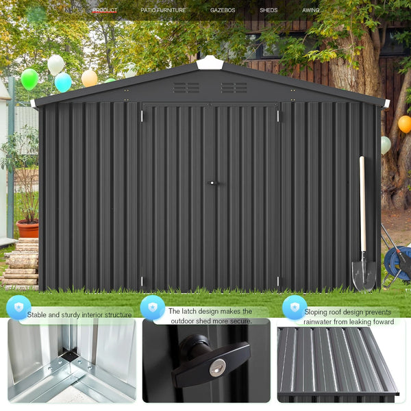 AECOJOY 10' x 14' Outdoor Storage Shed with Lockable Door Patio Metal Garden Storage Building in Dark Gray for Outside