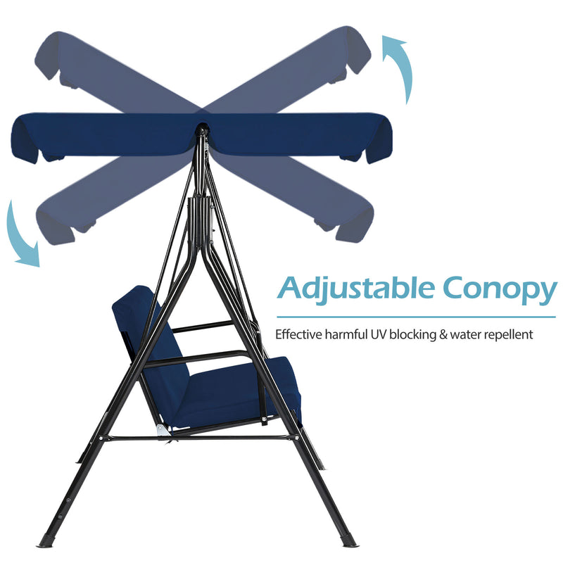 YODOLLA 3-Seat Outdoor Steel Porch Swing with Canopy, Swing Glider-Dark Blue, Free Standing Porch Swing