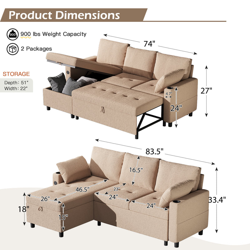 YODOLLA Teddy Velvet L Shaped Sofa, L Shape Couch, Pull Out Bed with USB and Cup Holder, Storage Sofa Cama, Queen Sofa Bed, Sleeper Sofa Couch for Living Room, Sofa Bed Couch in Brown
