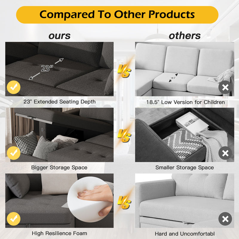 YODOLLA Teddy Velvet L Shaped Sofa, L Shape Couch, Pull Out Bed with USB and Cup Holder, Storage Sofa Cama, Queen Sofa Bed, Sleeper Sofa Couch for Living Room, Sofa Bed Couch in Black