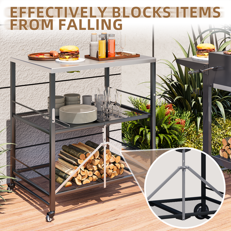 AECOJOY Foldable Outdoor Grill Cart Rolling Dining Table with Three-Shelf,Garden Patio BBQ Kitchen Food Prep Cart,Grey