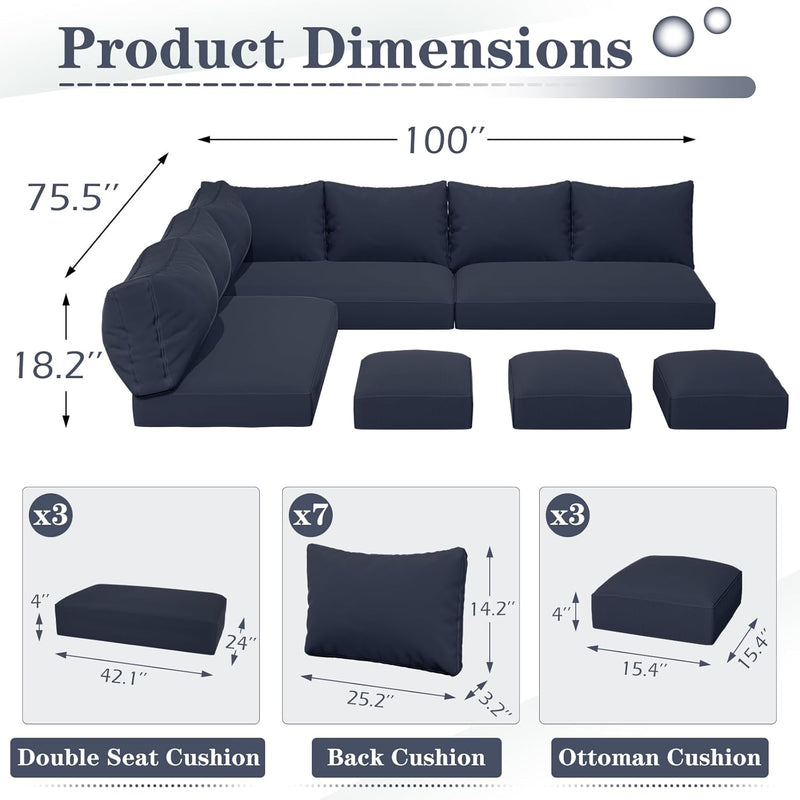 YODOLLA Outdoor Cushions, 4 inch Patio Cushions for Outdoor Furniture, Replacement Cushions Fits 7-Seats Sectional Rattan Conversation Set, Splashproof, Memory Foam Cushions and Covers (Navy)