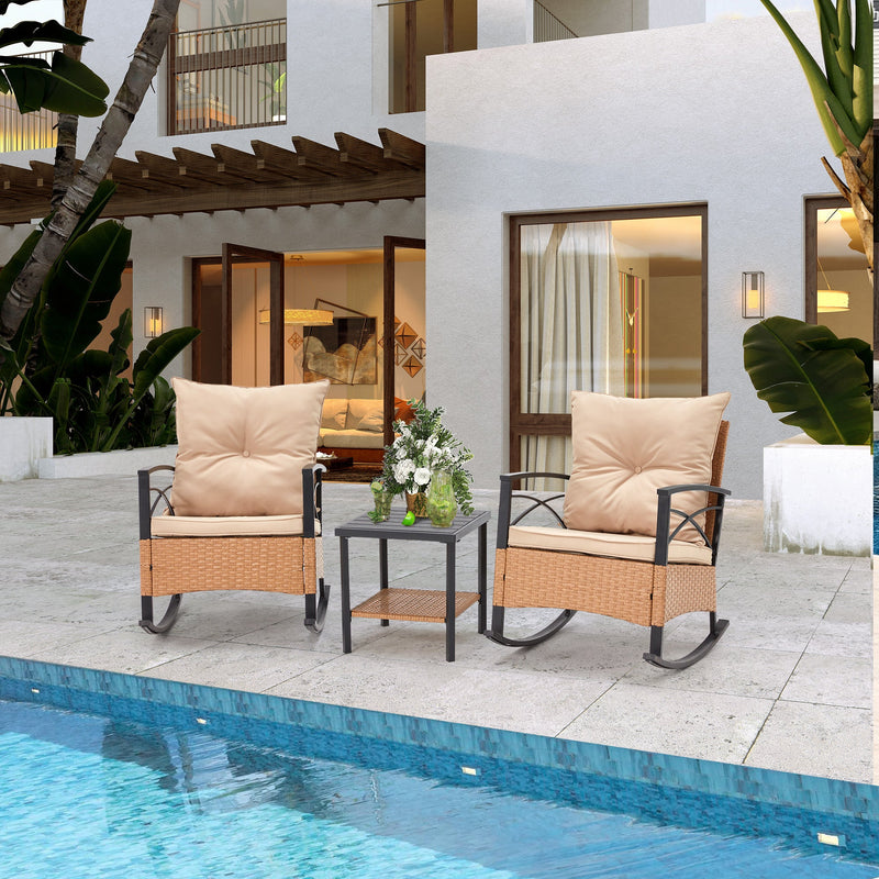 3-Piece Bistro Set: Outdoor Rattan Rocking Chairs with Cushions and Coffee Table