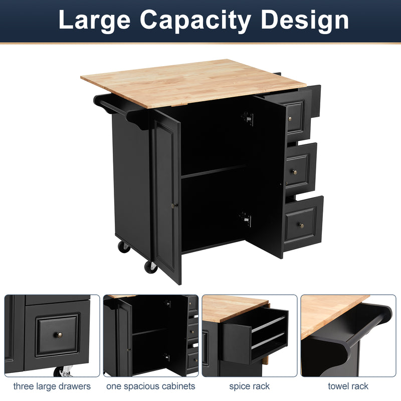 AVAWING Rolling Kitchen Island Cart with Storage,Wood Tabletop Kitchen Cart w/ 2 Wheels, Trolley Cart Utility Cabinet, Towel Rack, Spice Rack, Black