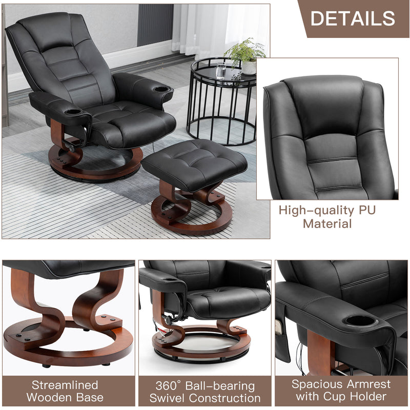 AVAWING Reclining Chair with Vibration Massage Faux Leather Recliner with Ottoman Swivel Wood Recliner Chairs for Living Room, Black
