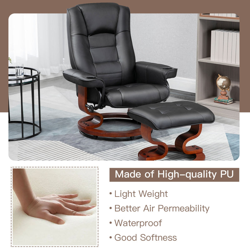 AVAWING Recliner Chair with Ottoman Adjustable Swivel Chair with Footrest 360¡ã Swivel PU Leather Reclining Chair with Footrest for Living Room Recliner and Ottoman with Wood Base, Black