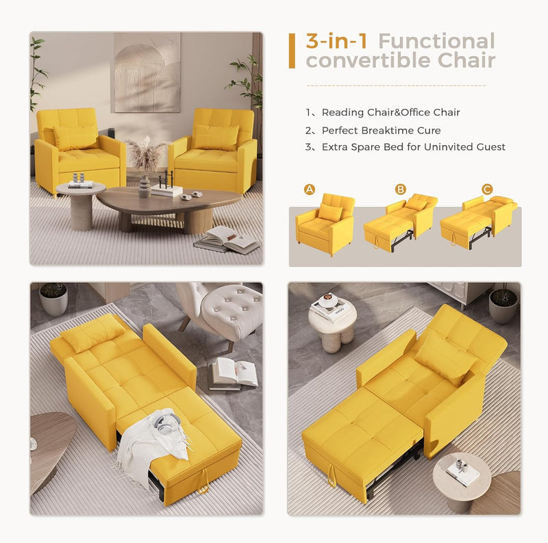 AECOJOY Sleeper Chair Bed 3 in 1 Sofa Bed for Adults Fold Out Sofa Convertible Reading Chair,Luminous Yellow