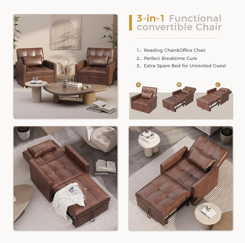 AECOJOY 3 in 1 Sofa Bed for Adults Sleeper Chair Bed Fold Out Sofa Convertible Reading Chair in Saddle Brown