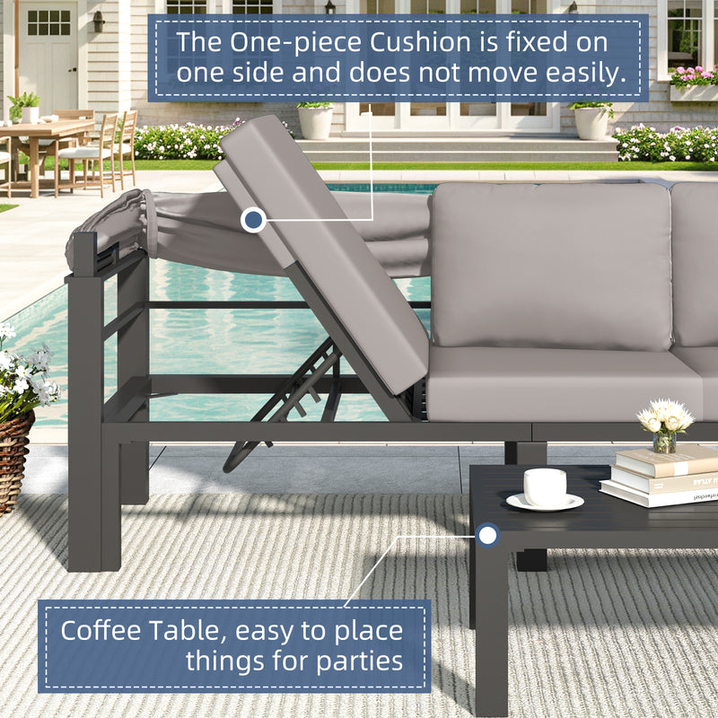 YODOLLA Patio Furniture Sets with Retractable Canopy & 2 Adjustable Backrests, Outdoor Furniture Sets with Coffee Table in Gray