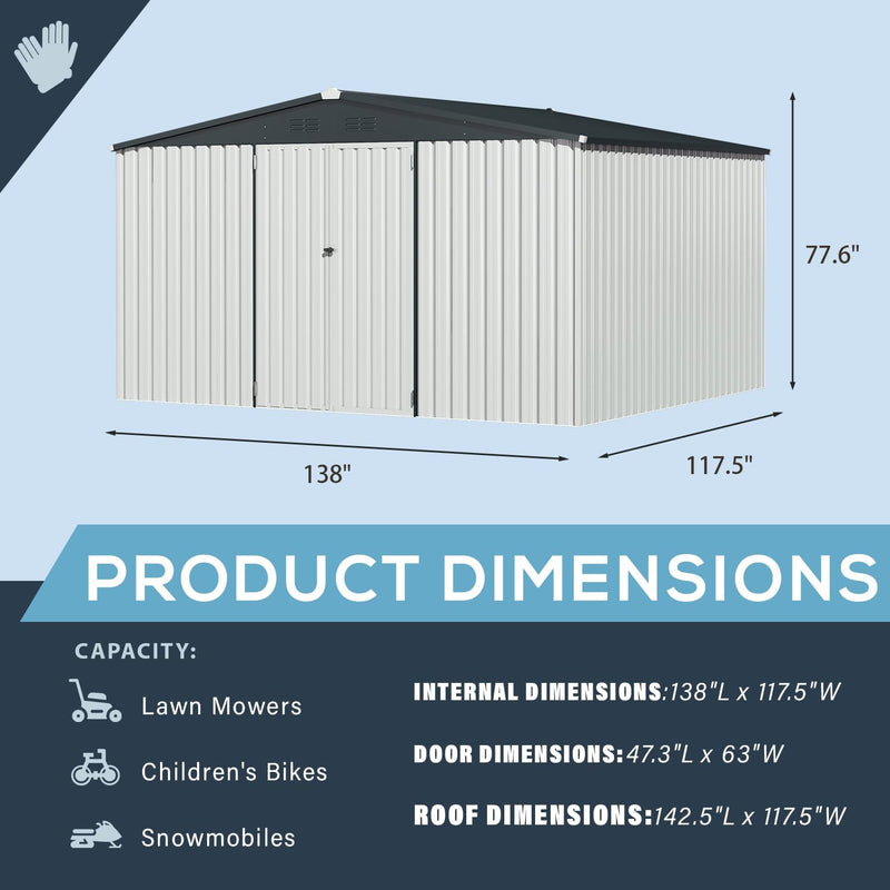 YODOLLA 10 x 12 ft. Outdoor Metal Storage Shed with Sliding Roof & Lockable Door,White