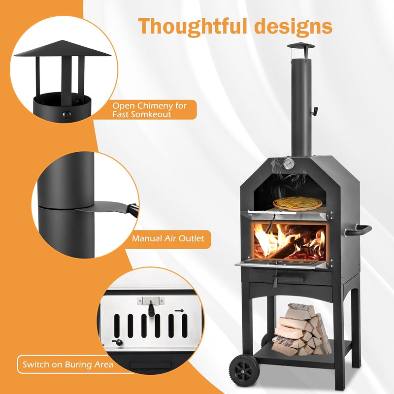 YODOLLA Outdoor Pizza Oven with Waterproof Cover Portable Wood Fired Pizza Oven with Side Handles &Two Wheels Grill Rack for Backyard