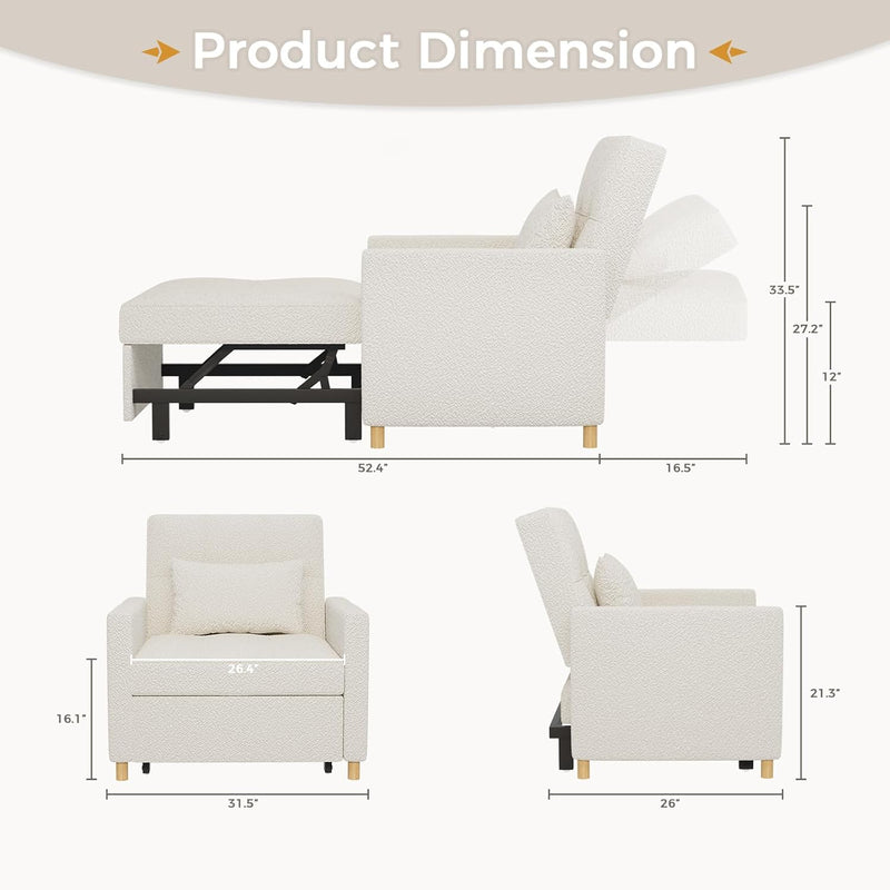 AECOJOY Sleeper Chair Bed 3 in 1 Sofa Bed for Adults Fold Out Sofa Convertible Reading Chair in Teddy Wihte