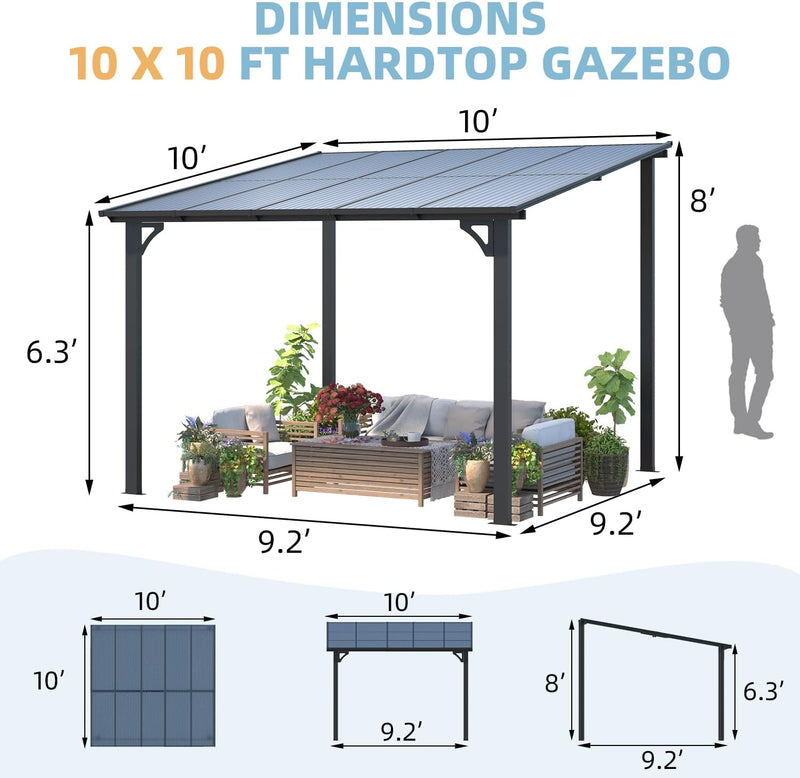 YODOLLA 10' x 10' Hardtop Gazebo Outdoor Aluminum Pergola For Garden, Patio, Backyard-Dark Gray