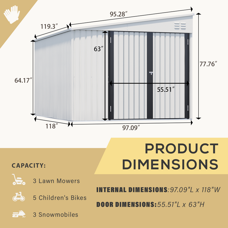 YODOLLA 8' x 10' Outdoor Metal Storage Side Shed with Lockable Door Metal Attached Lean-To Shed for Backyard in White