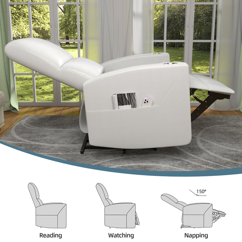 YODOLLA Power Recliner Chair Faux Leather Sofa Chair for Adult with Side Pocket and Cup Holders Nursery, Living Room, Bedroom, White