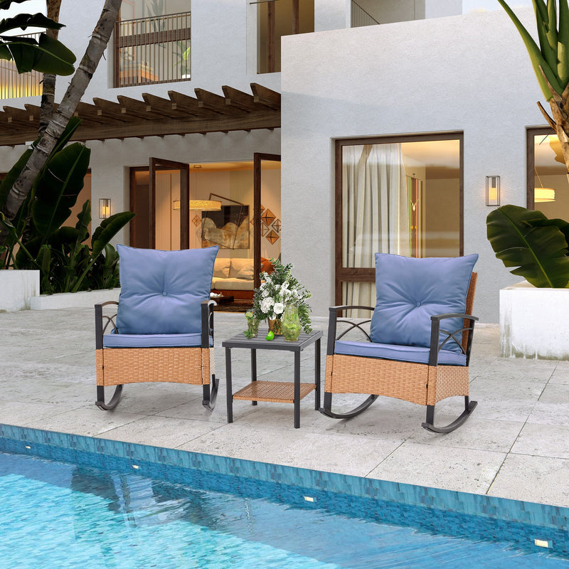 3-Piece Bistro Set: Outdoor Rattan Rocking Chairs with Cushions and Coffee Table
